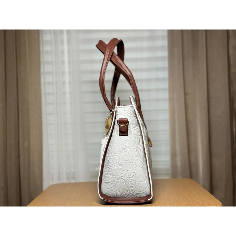 Floral White & Brown Cross Stitch Embossed Tooled Artisan LEATHER Bag Purse Tote